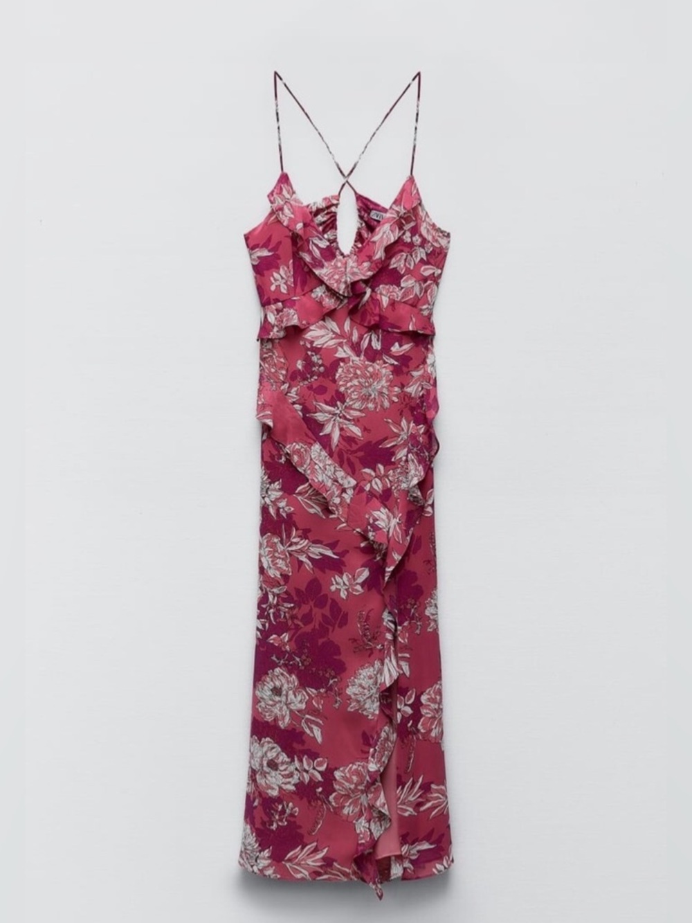 ZARA Maxi Dress Printed Ruffles Floral Pink Sleeveless